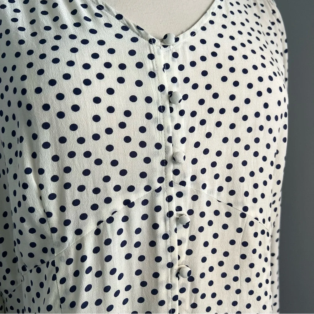 Talbots 14 Cream w/ Navy Scattered Dots Button Up Blouse Top Shirt